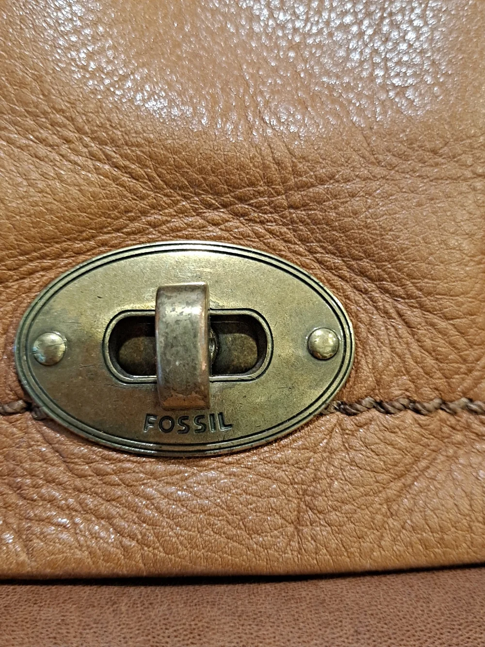 Fossil Cognac Brown Cowhide Lambhide Leather Satchel Front Buckle Flap Brass